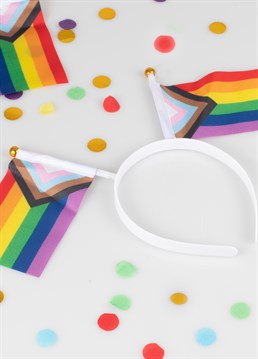 Now if this doesn&rsquo;t scream &lsquo;Pride&rsquo; we don&rsquo;t know what does! <br /><br />Turn up and turn out with this gay AF Pride flag headband! This jazzy number is perfect for any Pride event and features two mini rainbow flags to support LGBTQ+ rights.  <br /><br />Dimensions: 21cm high, 27cm wide